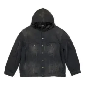 Bleached-Effect Button-Up Hooded Denim Jacket “Black” 724653TNW541129