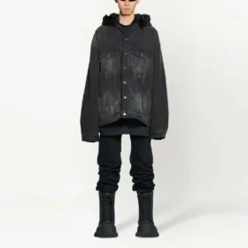 Bleached-Effect Button-Up Hooded Denim Jacket “Black” 724653TNW541129