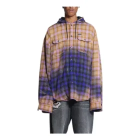 Bleached Plaid Long Sleeve Hooded Shirt “Purple Beige” 699223TMM095212