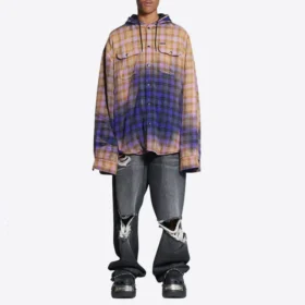 Bleached Plaid Long Sleeve Hooded Shirt “Purple Beige” 699223TMM095212
