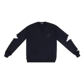 Destroyed V-Neck Knit Sweater “Navy” 696091T16420414