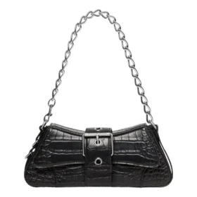 Lindsay Small Crocodile Embossed Shoulder Bag “Black” 701141210C91000