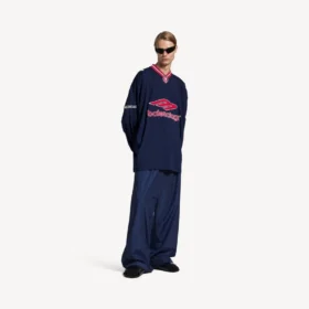Men’s 3b football long sleeve v-neck t-shirt in dark navy/red