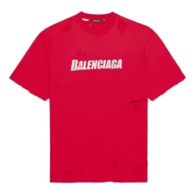 Men”s Balenciaga Alphabet Printing Pattern Hole Round Neck Short Sleeve Red 651795TKVB86295 Men”s Balenciaga Alphabet Printing Pattern Hole Round Neck Short Sleeve Red 651795TKVB86295