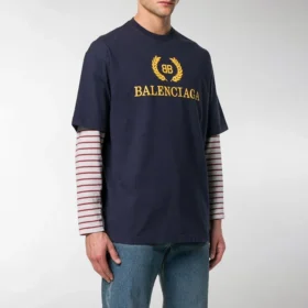 Men”s Balenciaga Logo Round Neck Short Sleeve Navy Blue 535622TAV044128 Men”s Balenciaga Logo Round Neck Short Sleeve Navy Blue 535622TAV044128