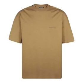 Men”s Balenciaga SS21 Loose Round Neck Alphabet Embroidered Logo Short Sleeve Khaki 612966TJV879504