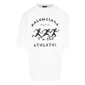 Men”s Balenciaga SS21 Marathon Running Pattern Printing Logo Short Sleeve White 641614TJVK69040