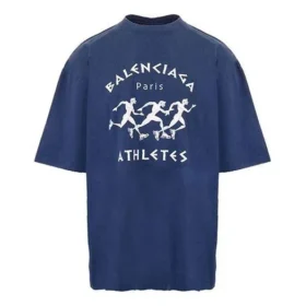 Men”s Balenciaga SS21 Running Pattern Printing Logo Loose Short Sleeve Blue 641614TJVK64866
