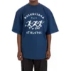 Men”s Balenciaga SS21 Running Pattern Printing Logo Loose Short Sleeve Blue 641614TJVK64866