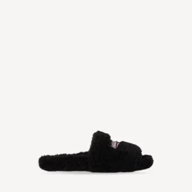 Men’s furry open mule in black/white/red Men’s furry open mule in black/white/red