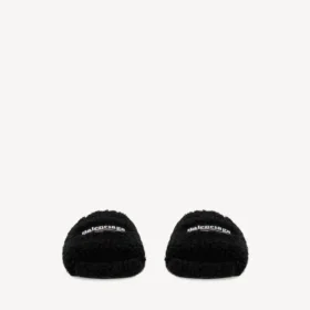 Men’s furry open mule in black/white/red Men’s furry open mule in black/white/red