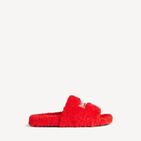 Men’s furry open mule in pop orange/white/red