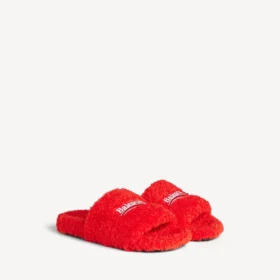 Men’s furry open mule in pop orange/white/red