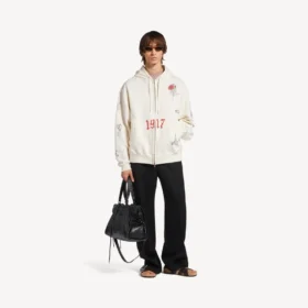 Men’s tattoo oversized zip-up hoodie in cream