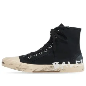 Paris High Top Sneakers “Black Destroyed Cotton and White Rubber with Graffiti” 688752W3RR41099