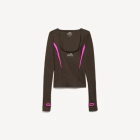 Women’s techwear fitted long sleeve top in khaki brown/neon pink