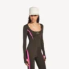 Women’s techwear fitted long sleeve top in khaki brown/neon pink
