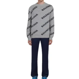 Wool Blend All Over Logo Crew Neck Sweatshirt “Grey Black” 555481T14711262